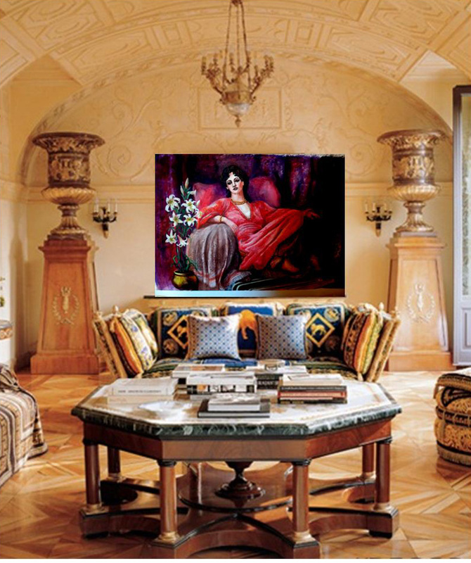 Above, abstract banana tree brings in the outside vegetation, below a formal room with abstract poppies