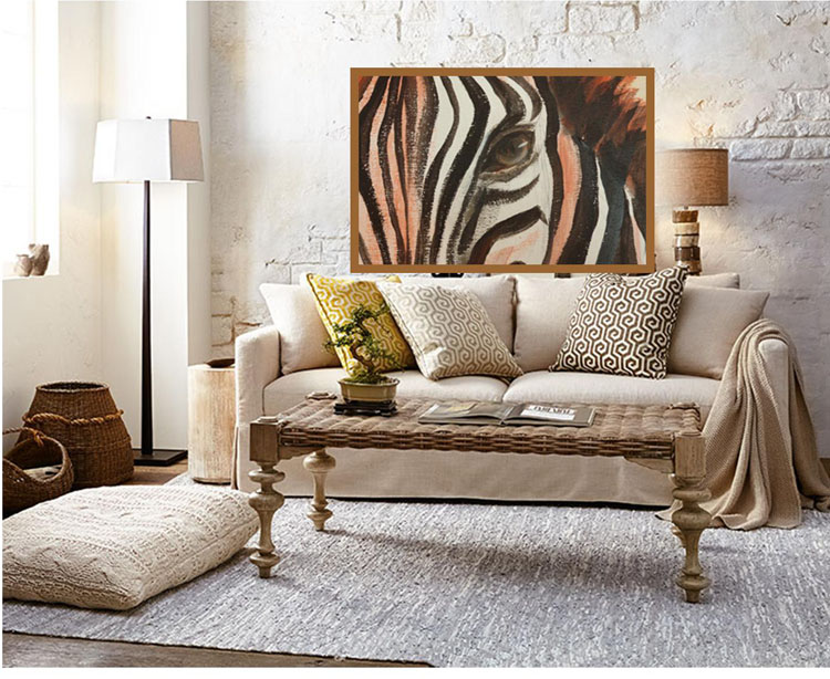 Above, abstract banana tree brings in the outside vegetation, below a formal room with abstract poppies