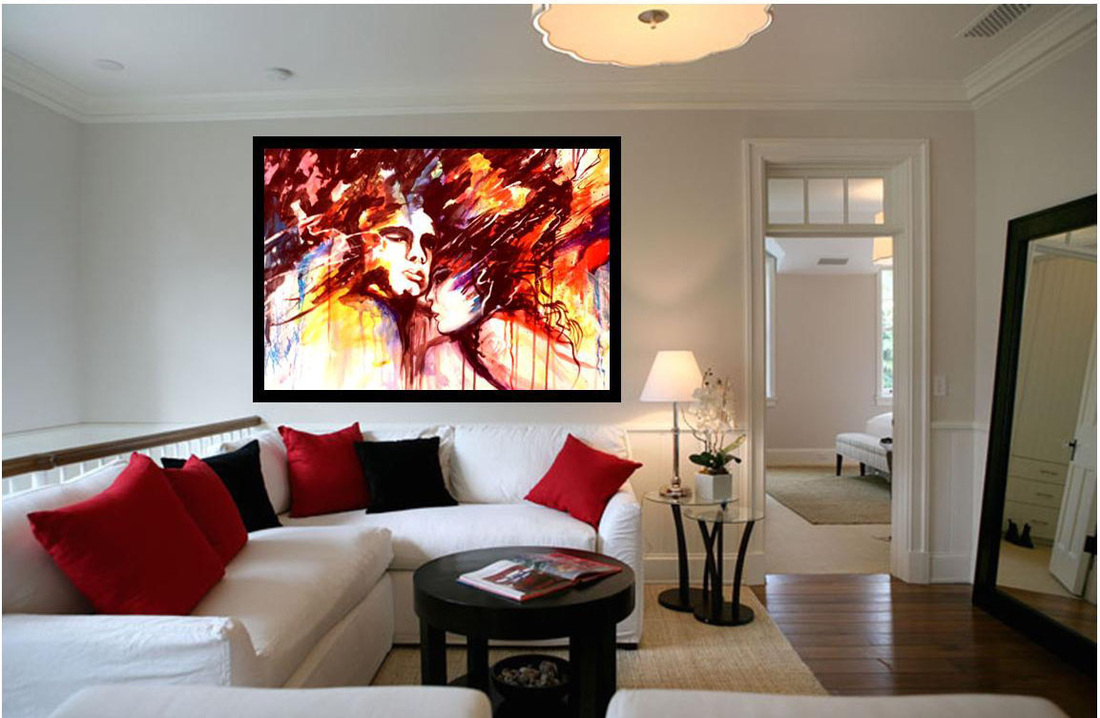 Above, abstract banana tree brings in the outside vegetation, below a formal room with abstract poppies
