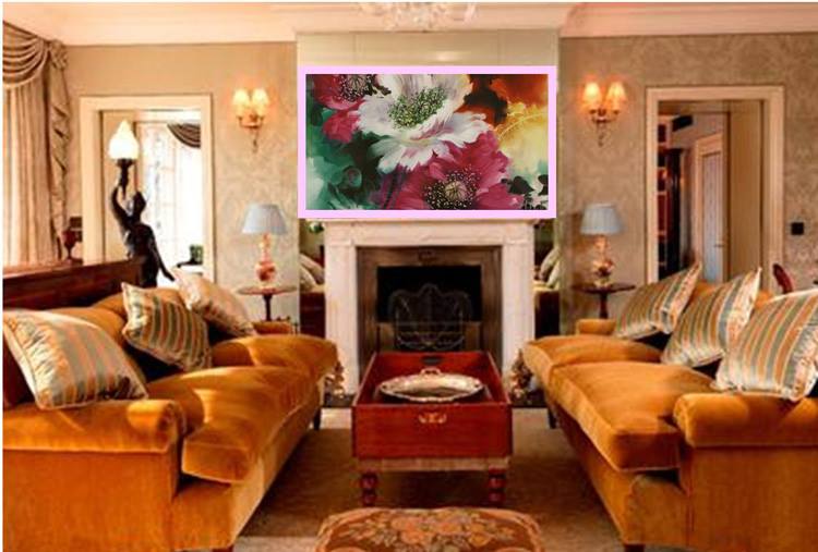 Above, abstract banana tree brings in the outside vegetation, below a formal room with abstract poppies