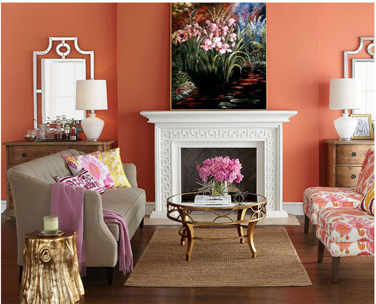 Above, abstract banana tree brings in the outside vegetation, below a formal room with abstract poppies