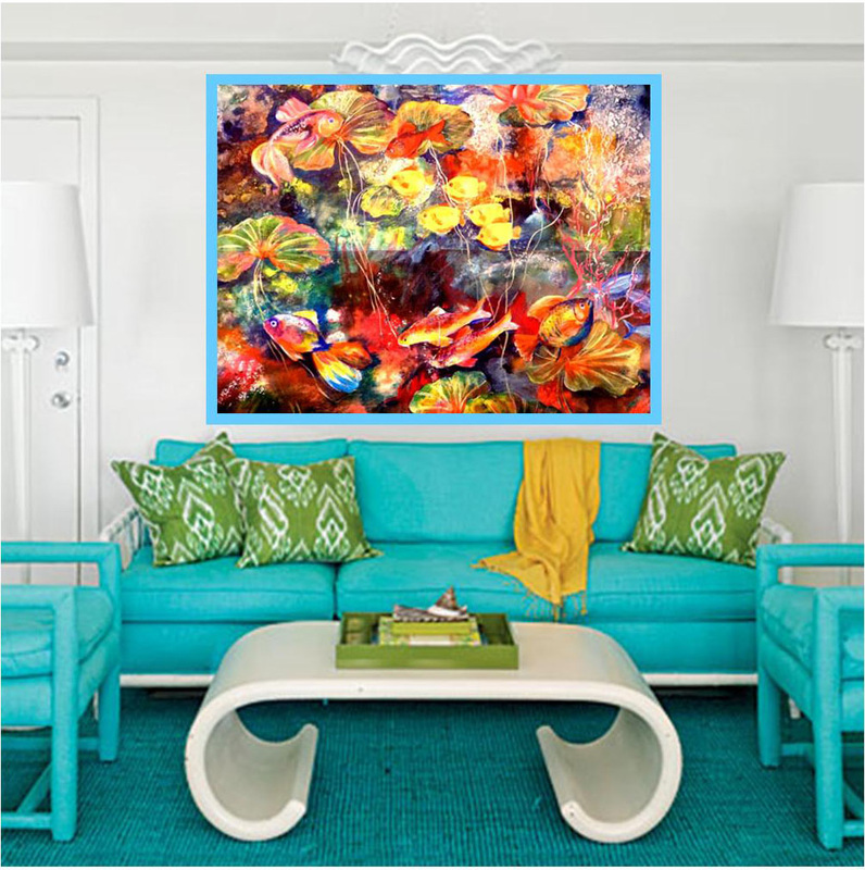 Above, abstract banana tree brings in the outside vegetation, below a formal room with abstract poppies