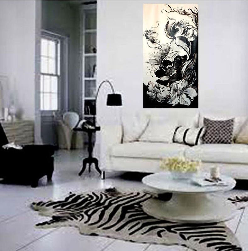 Above, abstract banana tree brings in the outside vegetation, below a formal room with abstract poppies