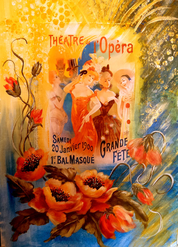 Decoupaged old coca cola advertisement with painted background and foreground of roses