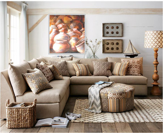 MOROCCAN POTS IN SEPIA COLORS ADD TO A ECLECTIC LOOK IN THIS ROOMS FURNISHINGS