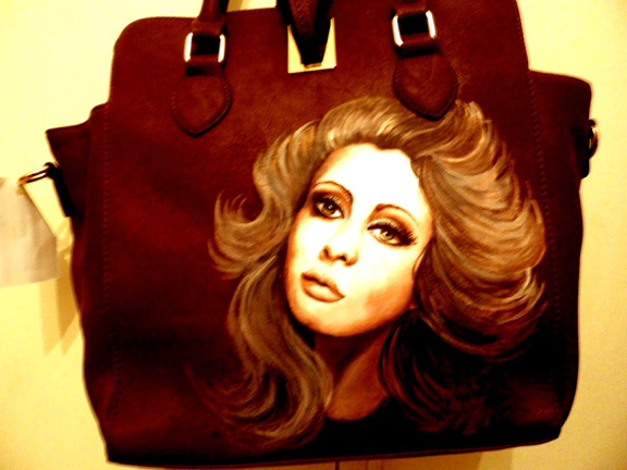 Hand painted portrait of lady entertainer from the "Moulin Rouge" on handbag