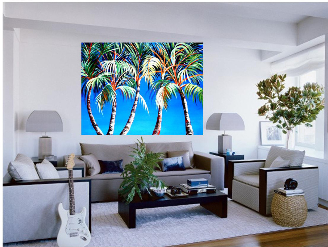 Above, abstract banana tree brings in the outside vegetation, below a formal room with abstract poppies