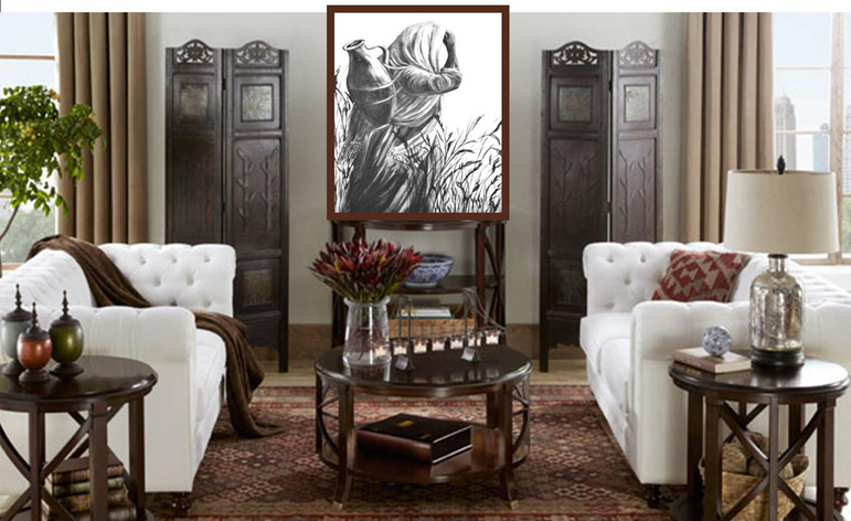 Above, abstract banana tree brings in the outside vegetation, below a formal room with abstract poppies