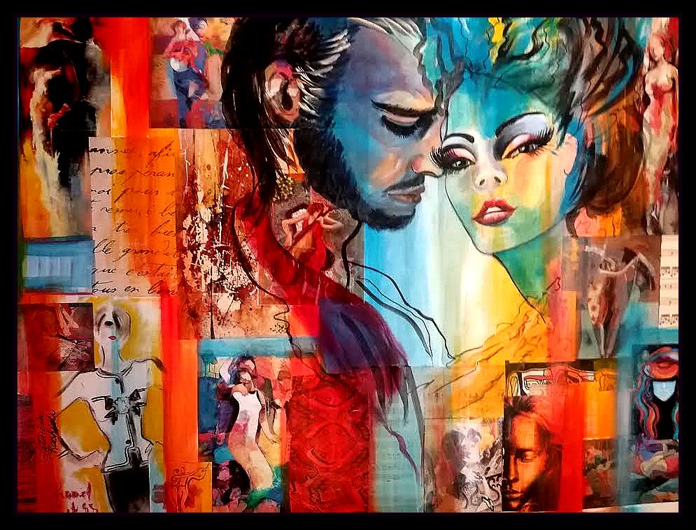 Collage with Monroe and Bardot, hand painted woman in center