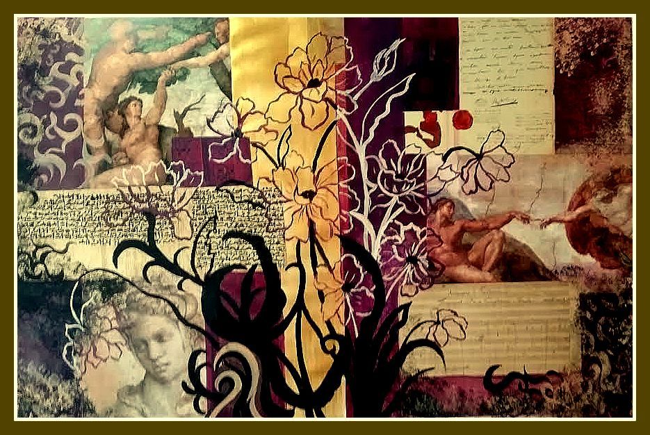 Collage with Monroe and Bardot, hand painted woman in center
